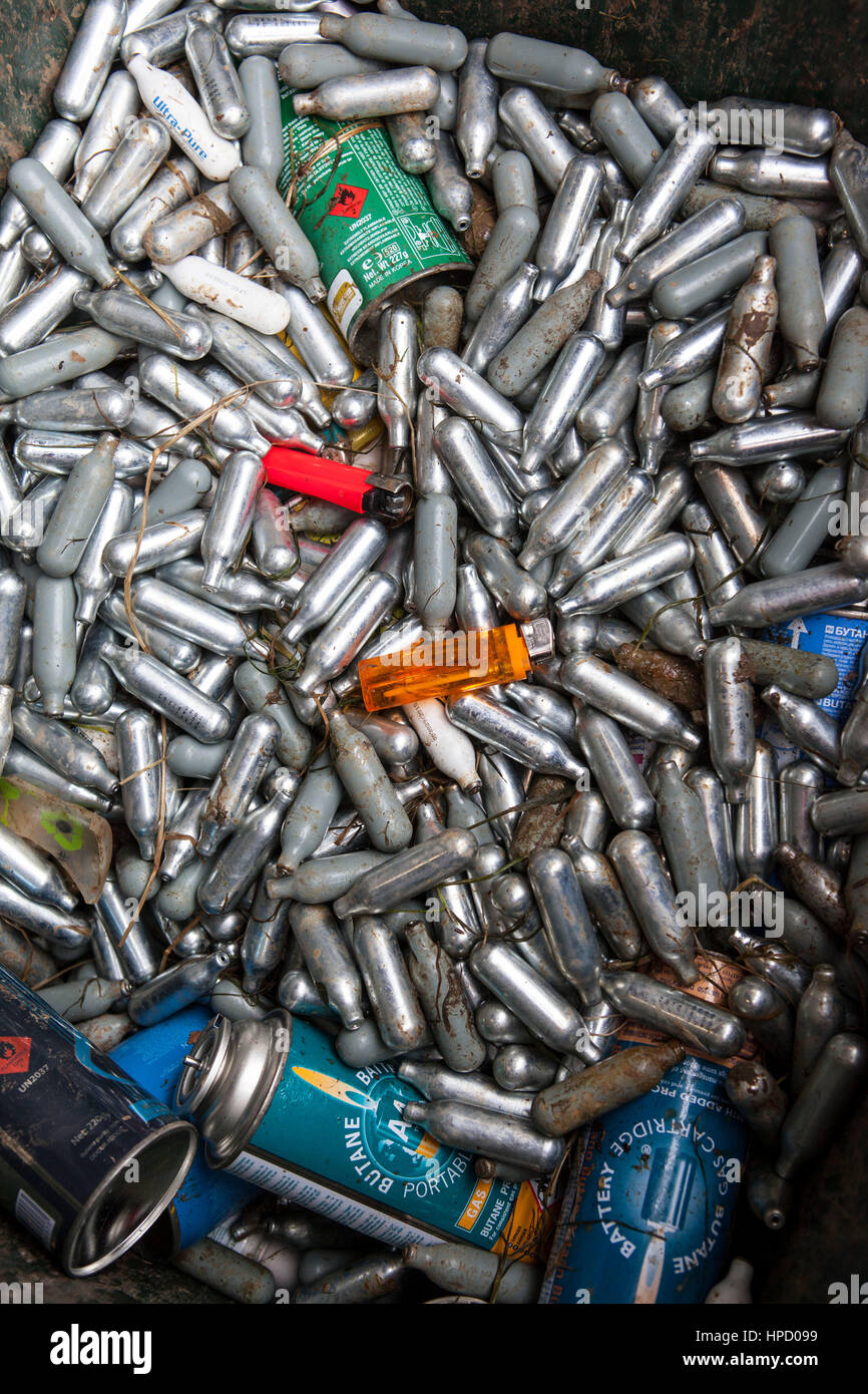 Laughing gas canisters collected at the recycling centre for the Stock