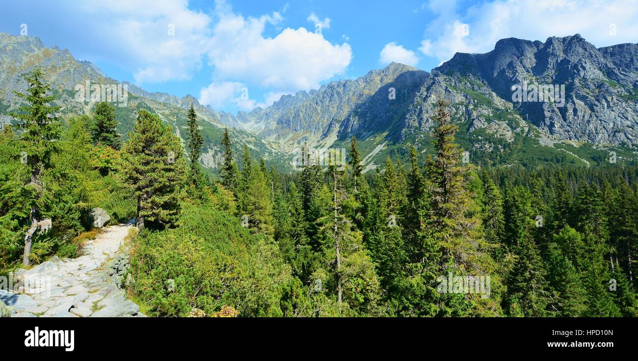 Panorama of the High Tatra mountains with tourist stone path. Stock Photo