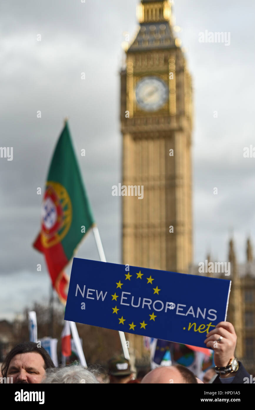 New Europeans outside Parliament. Demonstration outside the Palace of Westminster against racism, Brexit and Donald Trump. Space for copy Stock Photo