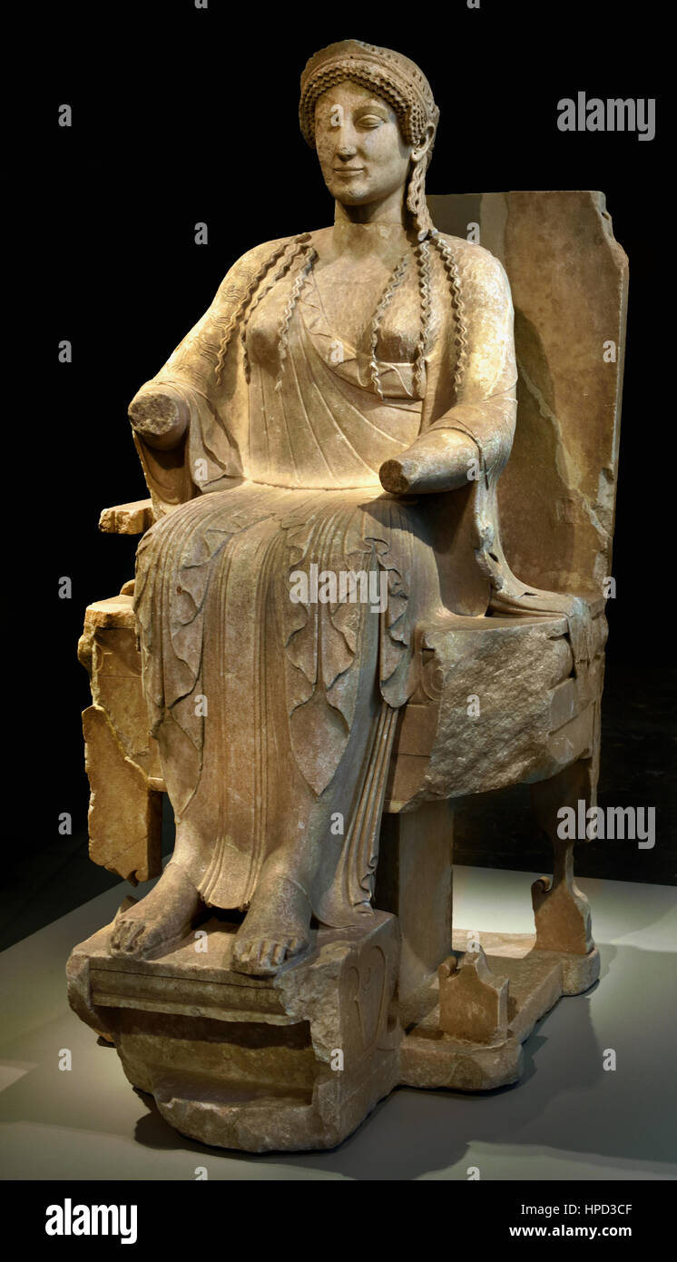 Enthroned Deity enthroned goddess from Tarentum 460 BC Sculpture -- Greece -- 5th century Classical Greek  ( Persephone, Hera , Aphrodite , ? ) Stock Photo