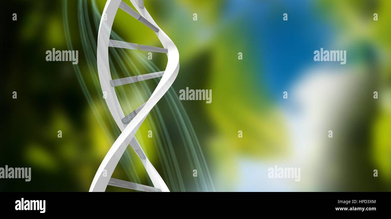 3d Image of dna helix against blue and green background with shiny lines Stock Photo