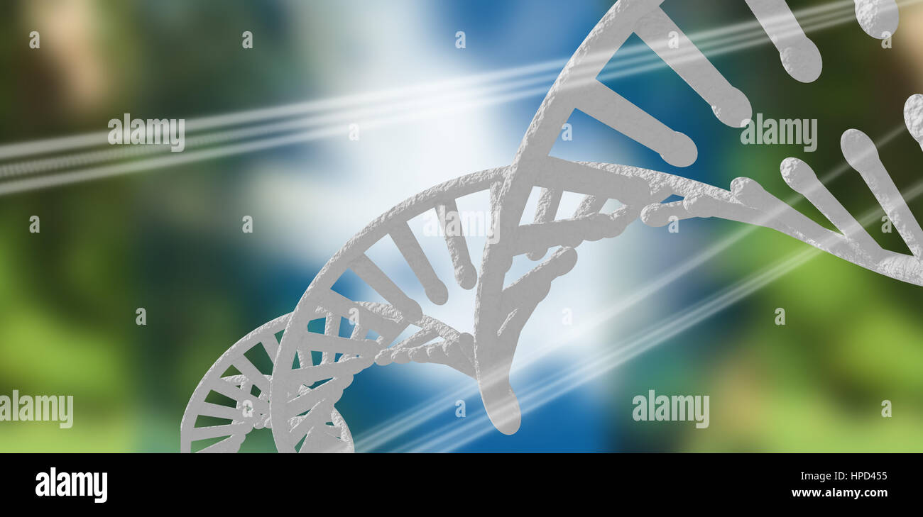 3d Image of dna helix against black background with shiny lines Stock Photo