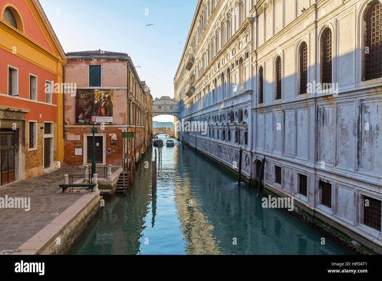 A view of gondolas and the Venice canals in Italy. Stock Photo