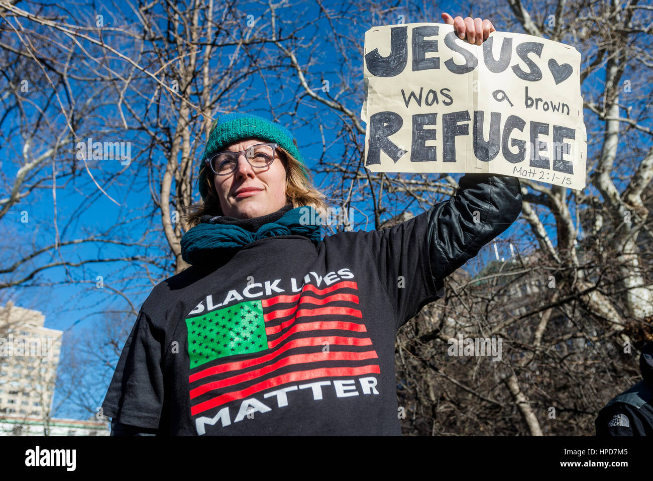 New York, USA 17 February 2017 - Activists rallied in Washington Square, in solidarity with the  General Strike, to protest Trump Administration and their anti-democratic policies.  ©Stacy Walsh Rosenstock/Alamy Stock Photo