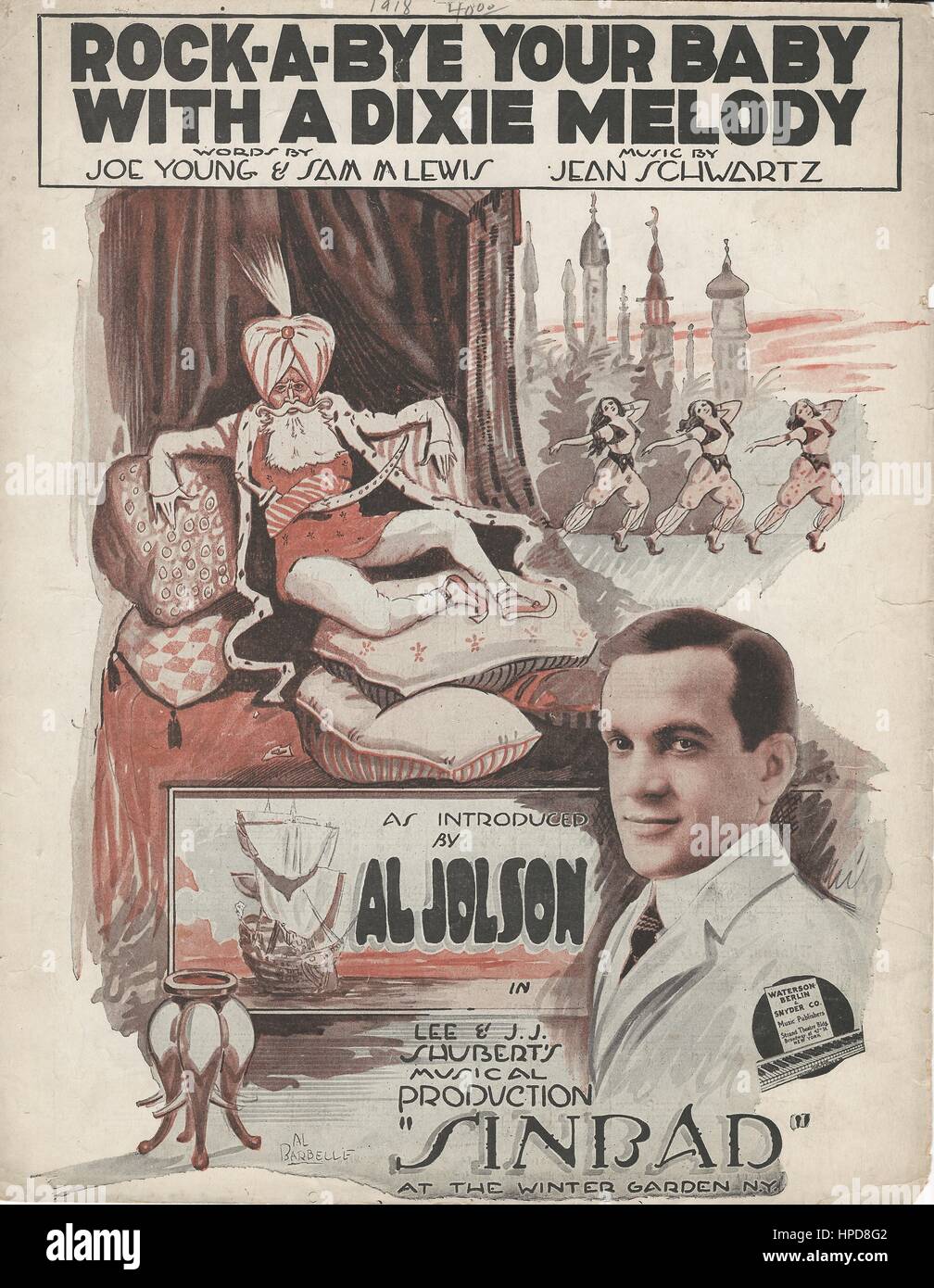 'Rock-a-Bye Your Baby with a Dixie Melody' from the 1918 Al Jolson Musical 'Sinbad' Sheet Music Cover Stock Photo