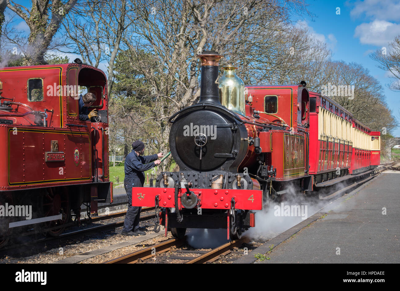 Exchanging the single line Staff. Castletown Station, Isle of Man. Stock Photo