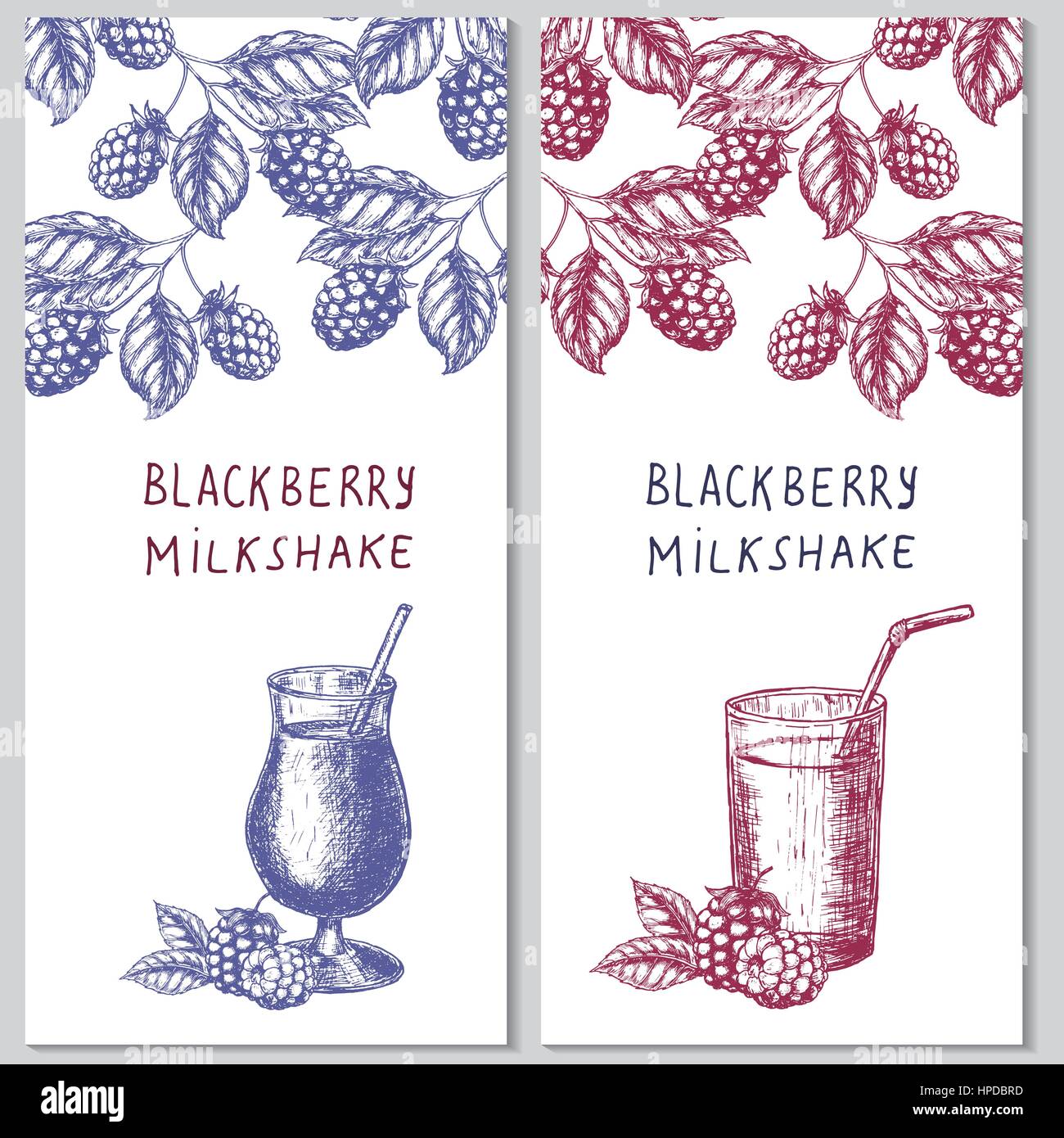Two vertical orientation hand drawn flyers for berry milkshakes. Vector template design. Stock Vector