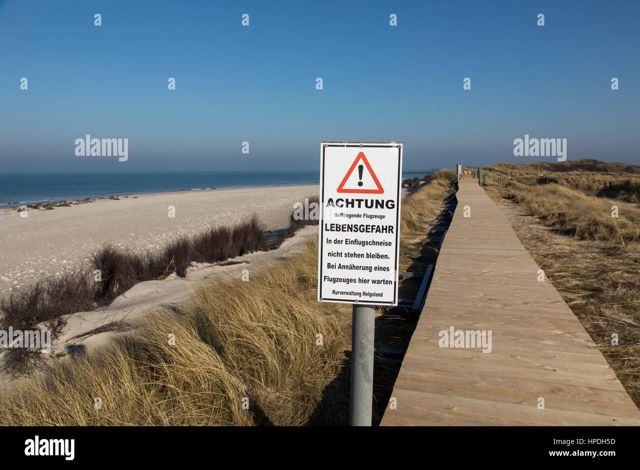 Helgoland, island in the German North Sea, neighbor island DŸne, Dune, nature preserve, beaches, small airport, warning sign, Stock Photo