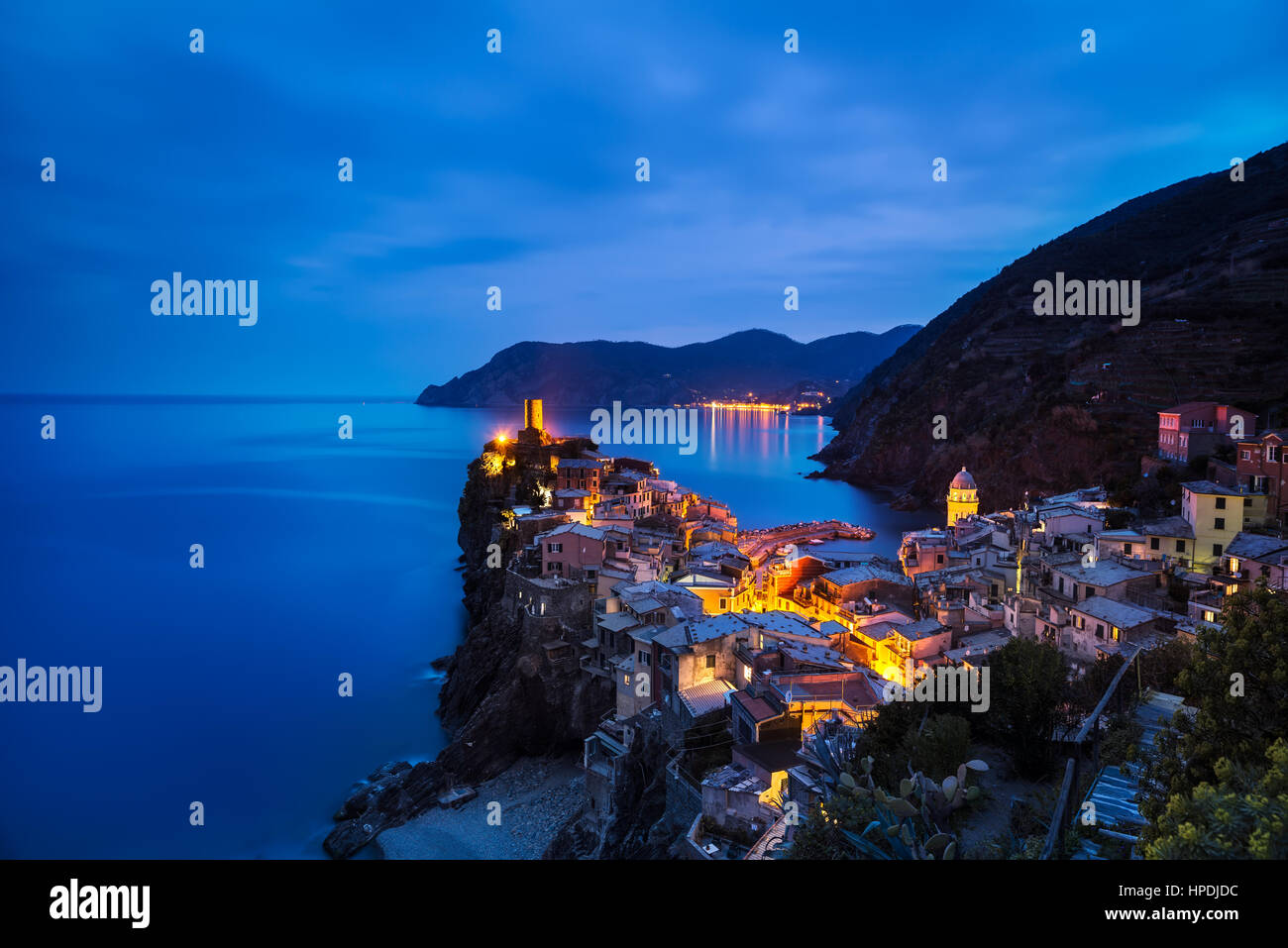 Vernazza village, aerial view on sunset, Seascape in Five lands, Cinque Terre National Park, Liguria Italy Europe. Long Exposure. Stock Photo