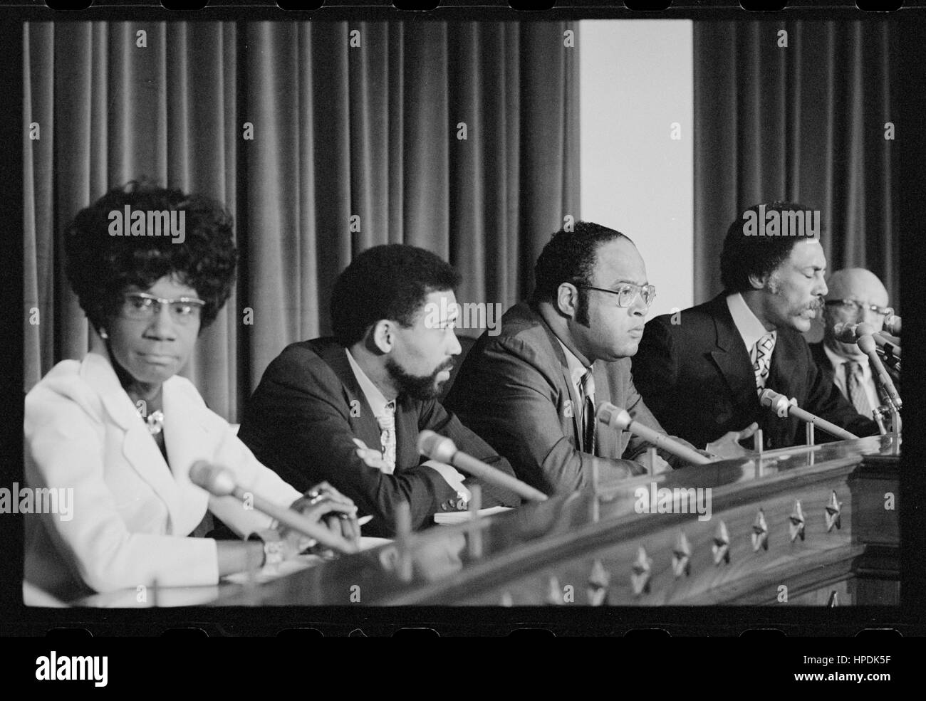 Congressional Black Caucus, Reps Shirley Chisholm (left), unknown, unknown and Ron Dellums (near right), Washington, DC, 05/24/1971. Photo by Warren K Leffler Stock Photo