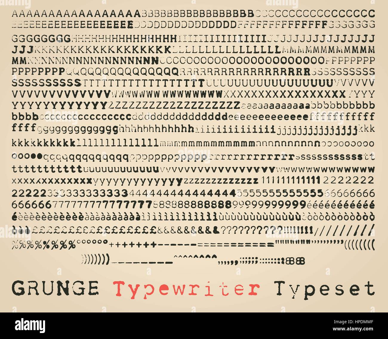 Grunge semisans typewriter font. many alternatives for each glyph Stock Vector