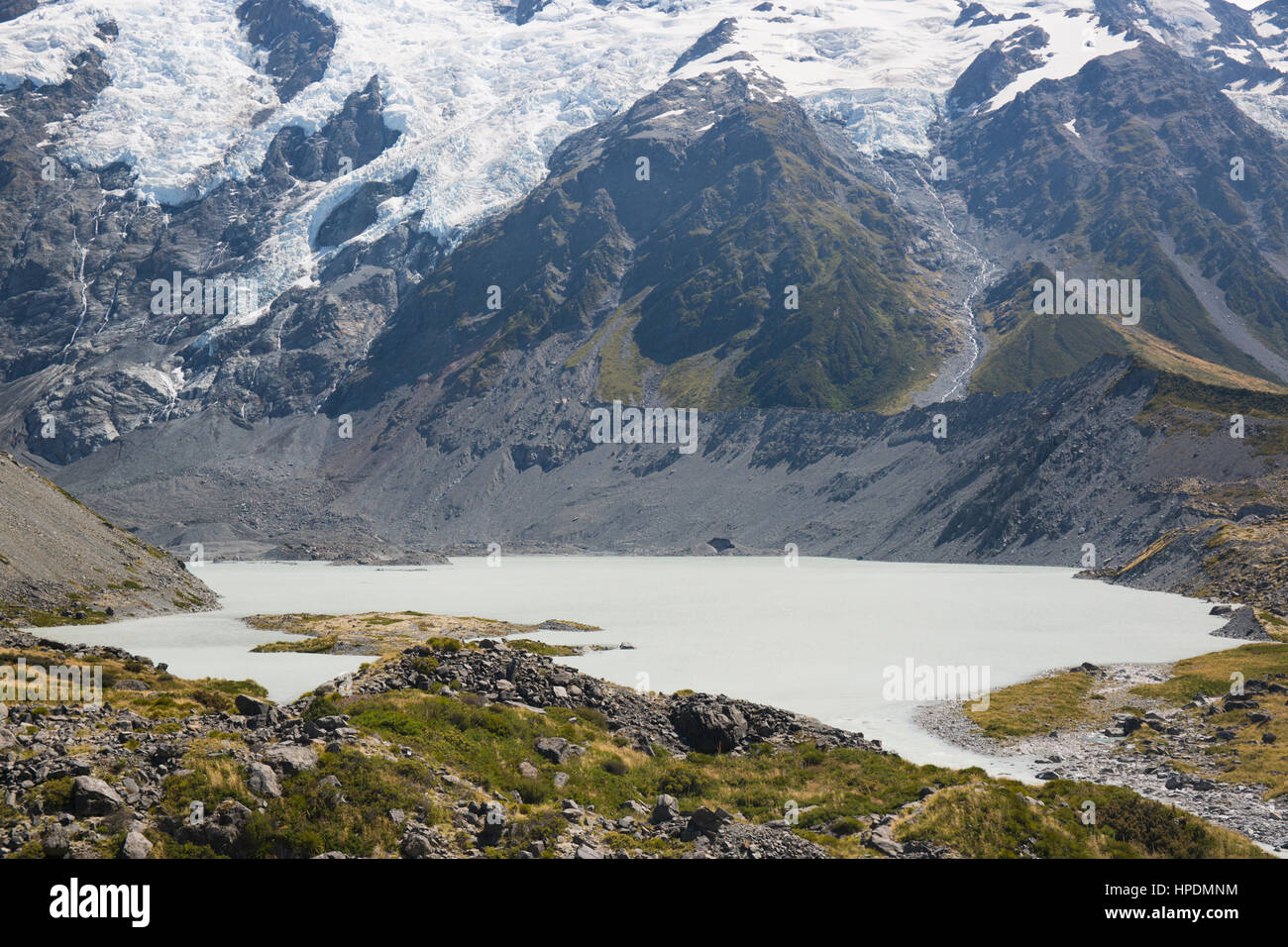 Aoraki/Mount Cook National Park, Canterbury, New Zealand. View across Mueller Lake to the snow-covered slopes of Mount Sefton. Stock Photo