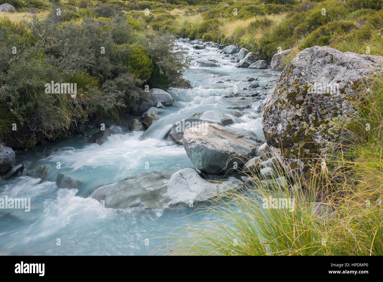 Aoraki/Mount Cook National Park, Canterbury, New Zealand. Mountain stream fed by snowmelt in the Hooker Valley. Stock Photo