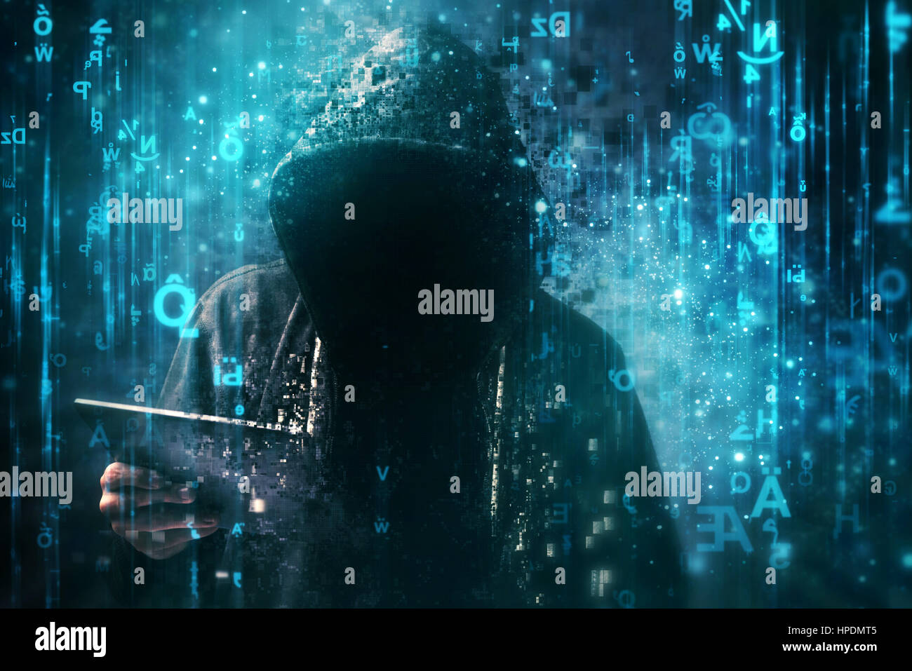 Computer hacker with hoodie in cyberspace surrounded by matrix code, online internet security, identity protection and privacy Stock Photo