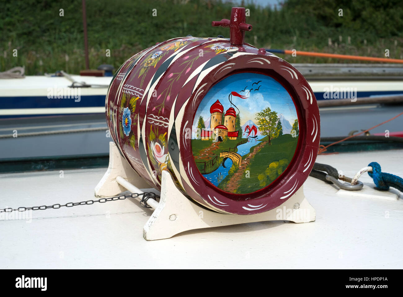 Decorated watering can on a narrowboat at the Inland Waterwats Association Pelsall Canal Festival at the Wyrley and Essington Canal 2016 Stock Photo