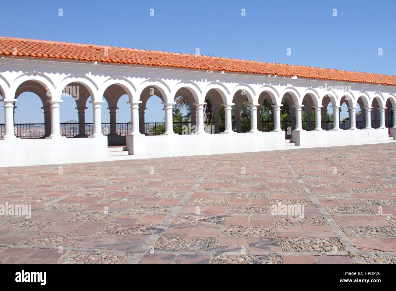 Covered overlook called El Mirador with white arches on La Recoleta Plaza in Sucre, Bolivia Stock Photo