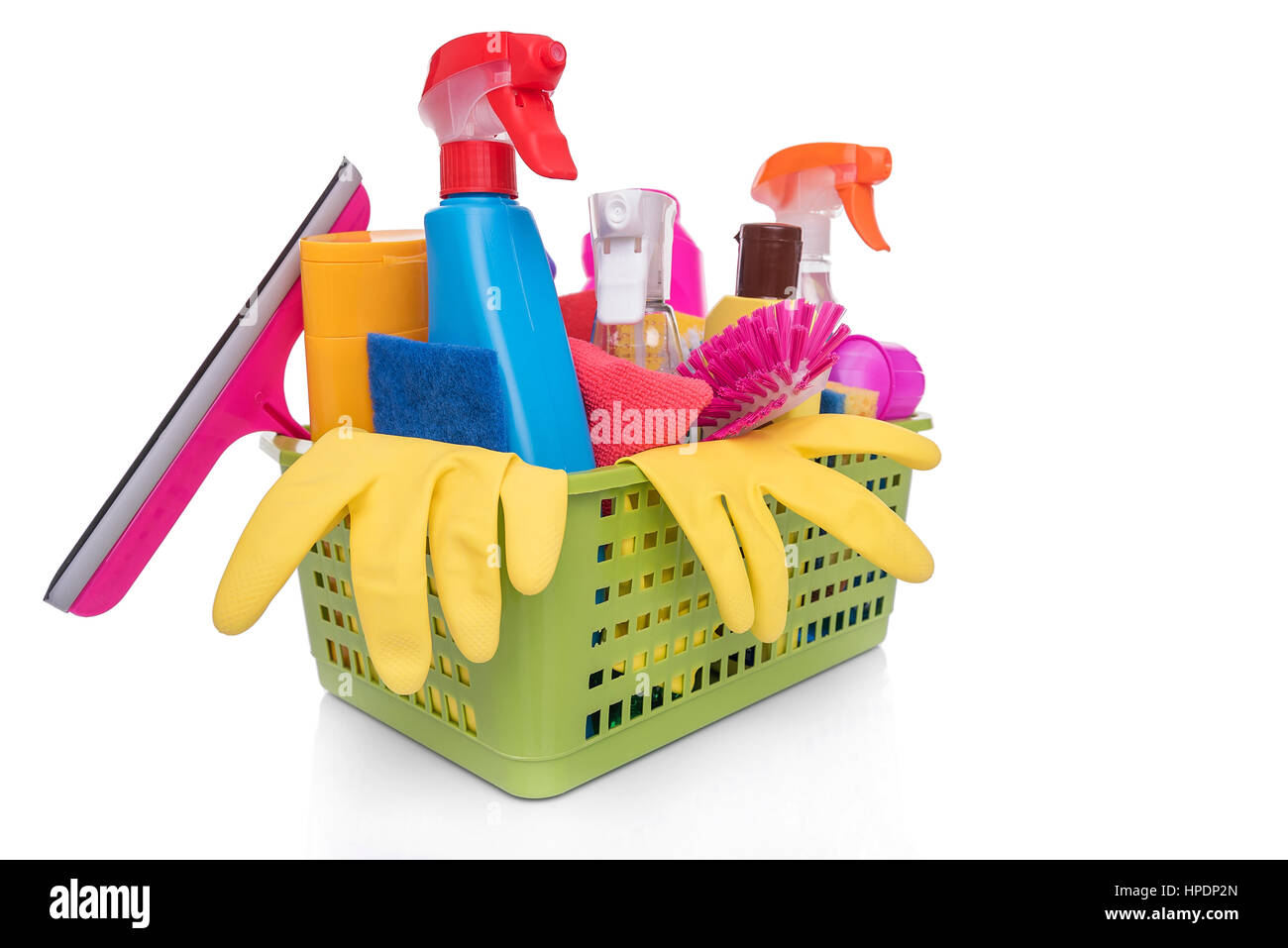 Basket household cleaning products isolated hi-res stock