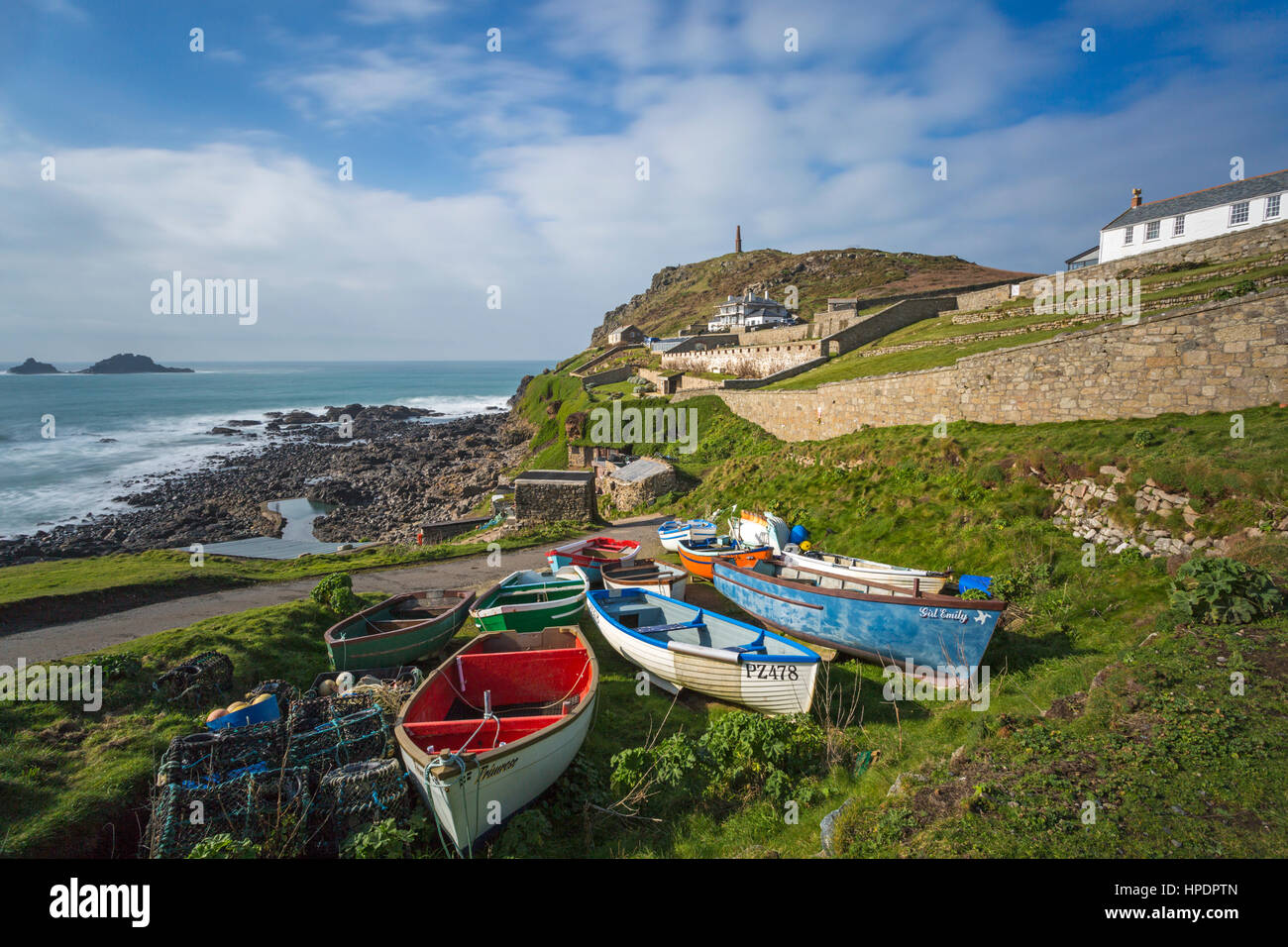 Fishing boats at Cape Cornwall, near St Just, West Cornwall, England, UK in February Stock Photo