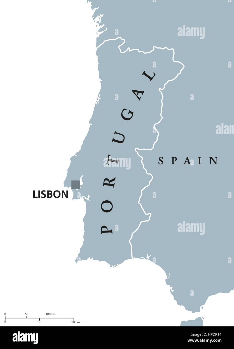 Portugal political map with capital Lisbon and neighbor countries. Republic on the Iberian Peninsula in Southwestern Europe. Stock Photo