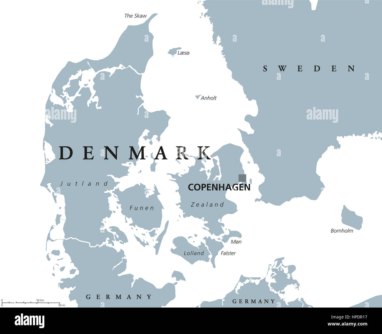 Denmark political map with capital Copenhagen and neighbor countries. Kingdom, Scandinavian and Nordic country in Europe. Stock Photo