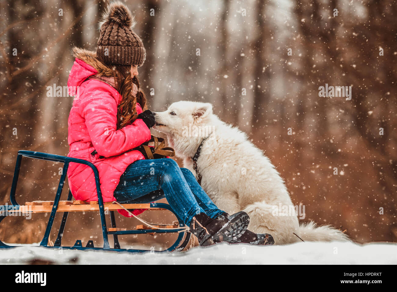 Happy girl with dog in winter forest Stock Photo - Alamy