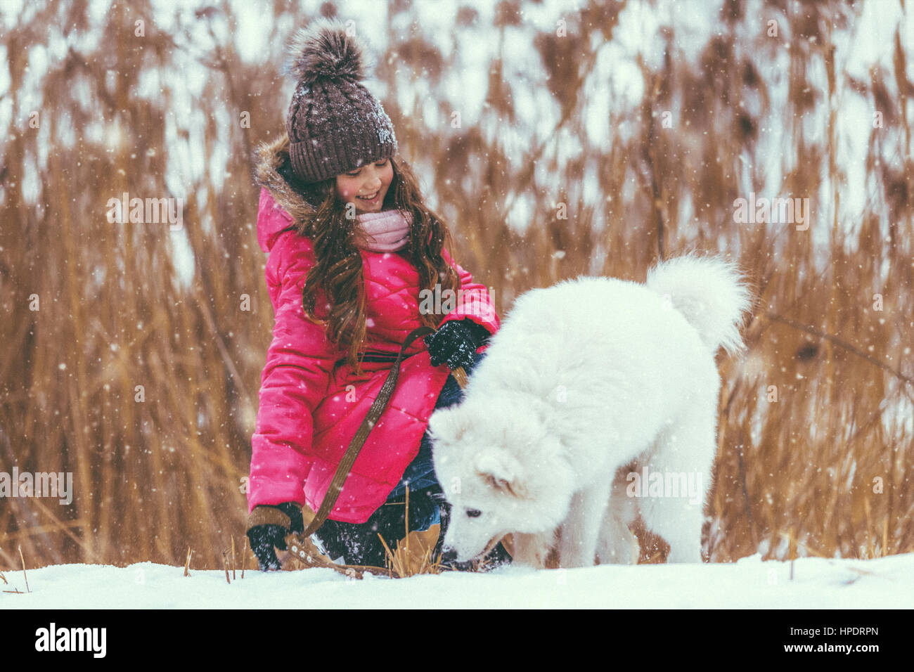 Happy girl with dog in winter forest Stock Photo - Alamy
