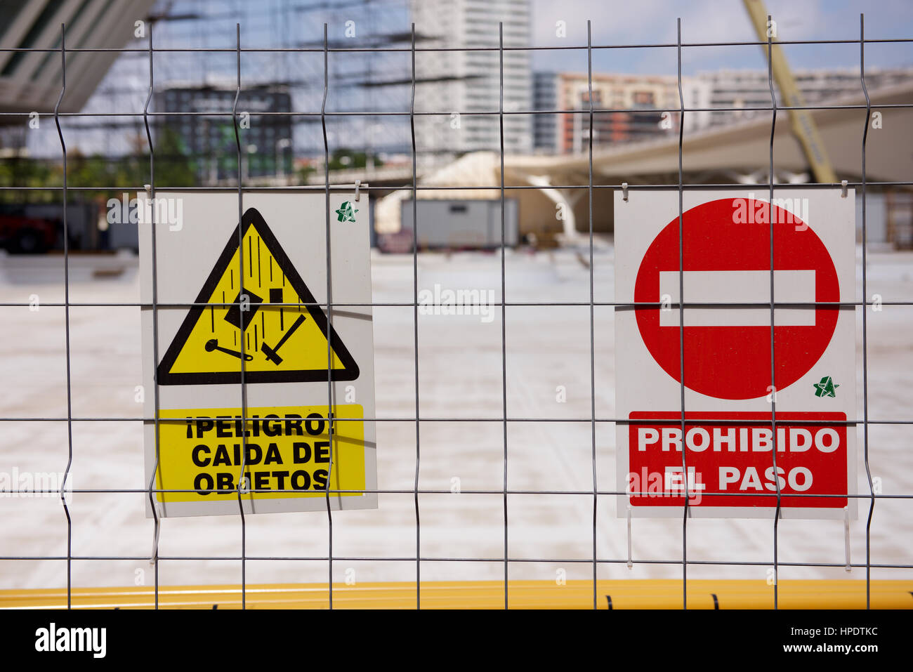 Building site fence and signs Stock Photo