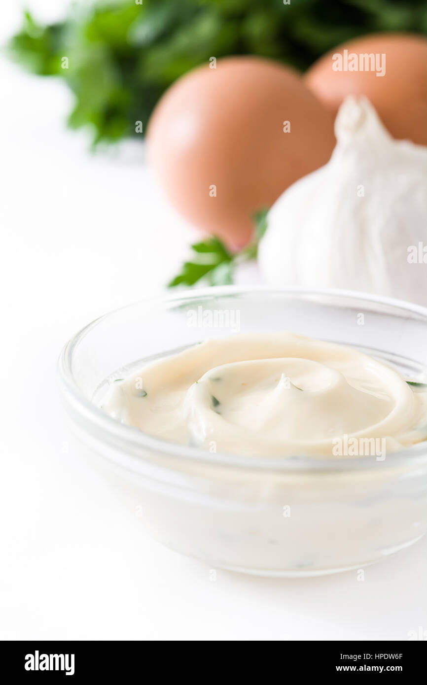 Aioli sauce and ingredients isolated on white background Stock Photo ...