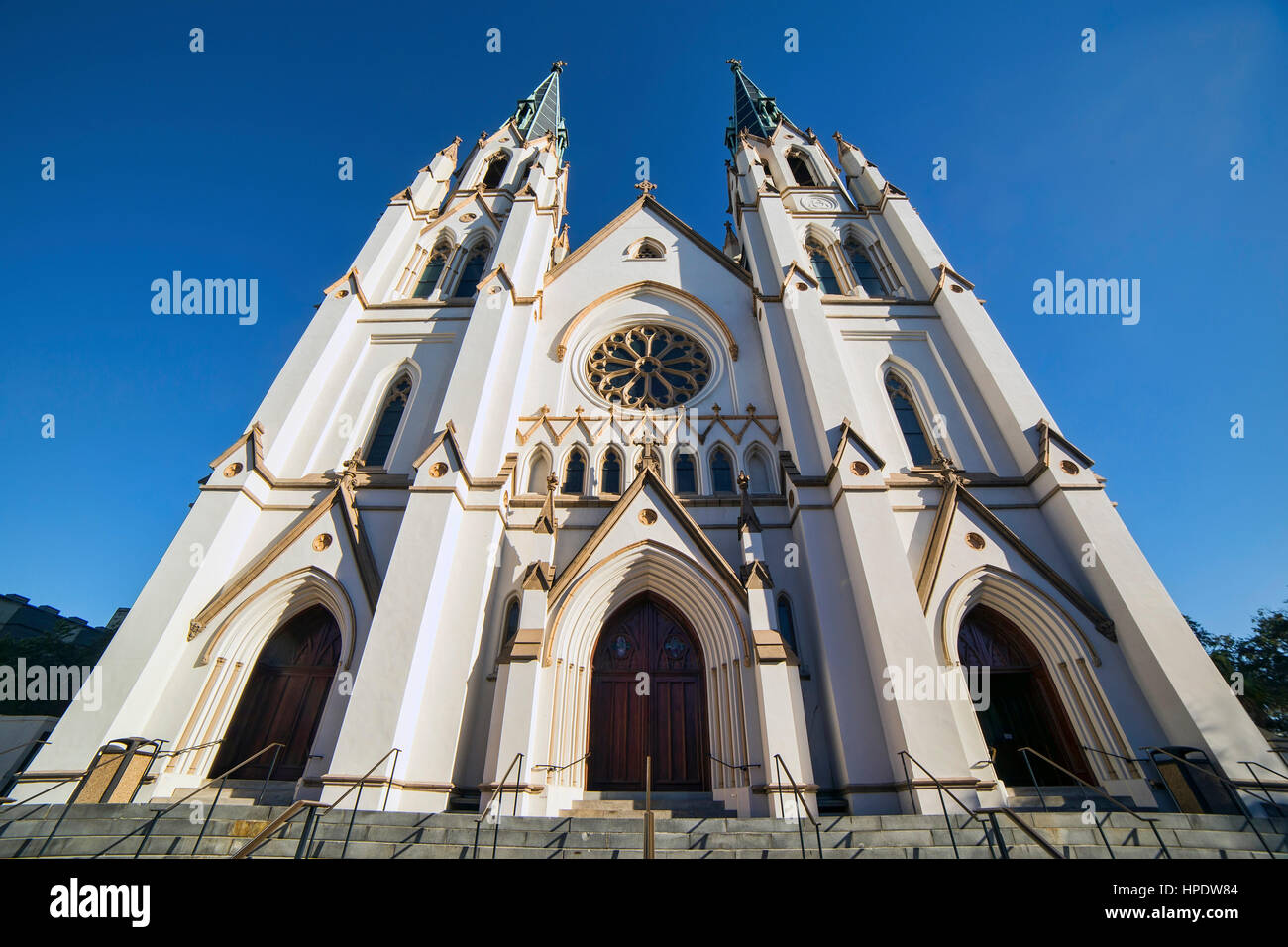 Wide angle perspective shot of St. John the Baptist cathedral in Savannah, Georgia. Stock Photo