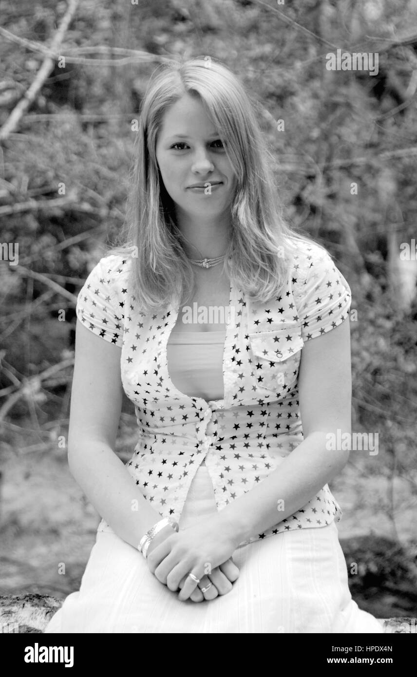Pretty young woman in a long white dress in The New Forest Stock Photo ...