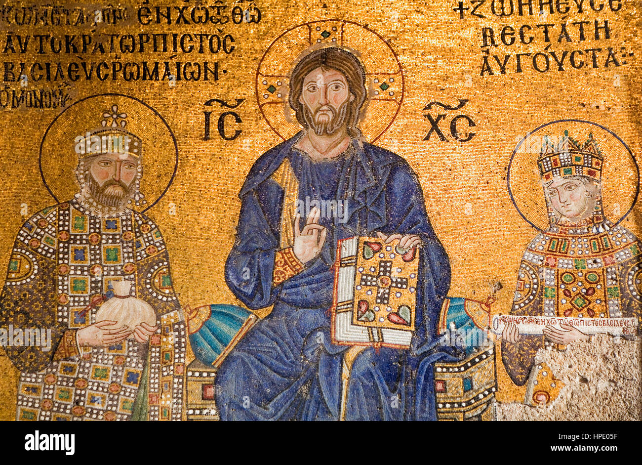 Hagia Sophia. Byzantine mosaic.Christ between the Emperor Constantino IX and his wife the Empress Zoé,  Istanbul. Turkey Stock Photo