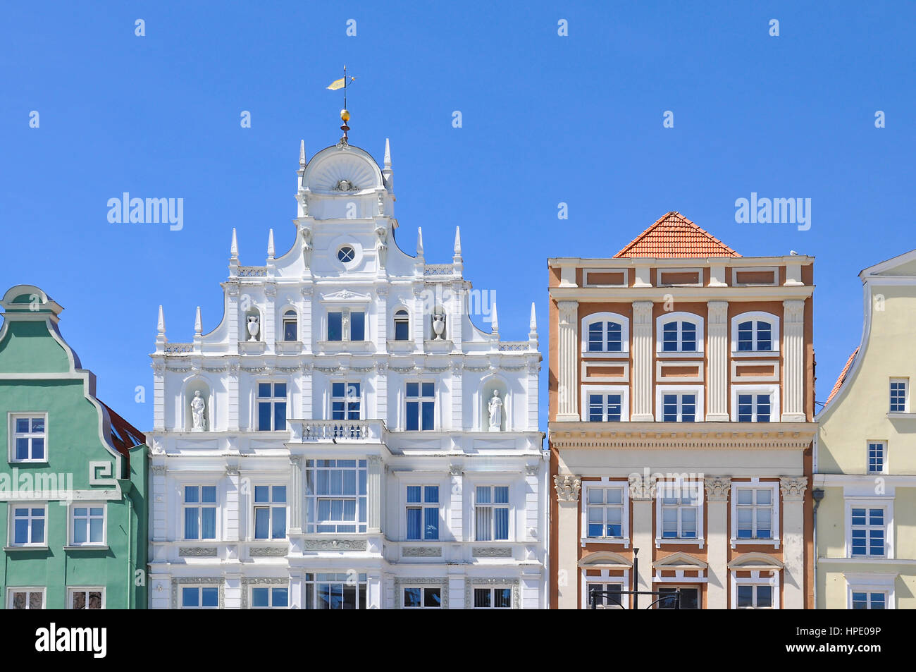 Typical old hanseatic houses in the city Rostock, Germany Stock Photo