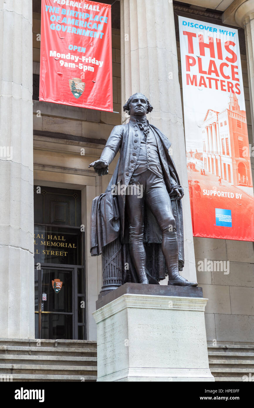 The statue of Washington on the steps of historic Federal Hall in New York City Stock
