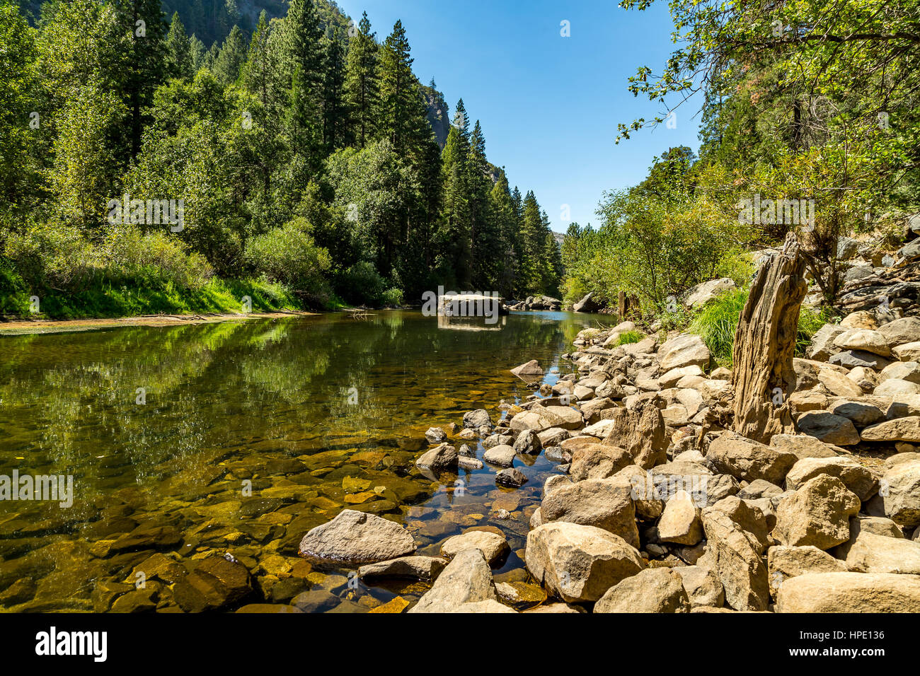 The Merced River in Yosemite Valley as it flows from the Sierra Nevada to the San Joaquin Valley. Stock Photo