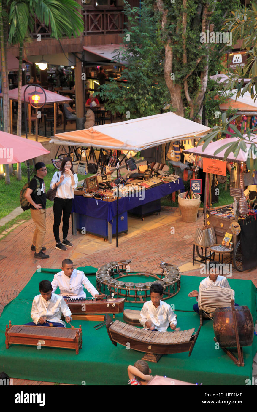 Cambodia, Siem Reap, shopping area, people, traditional musicians, Stock Photo