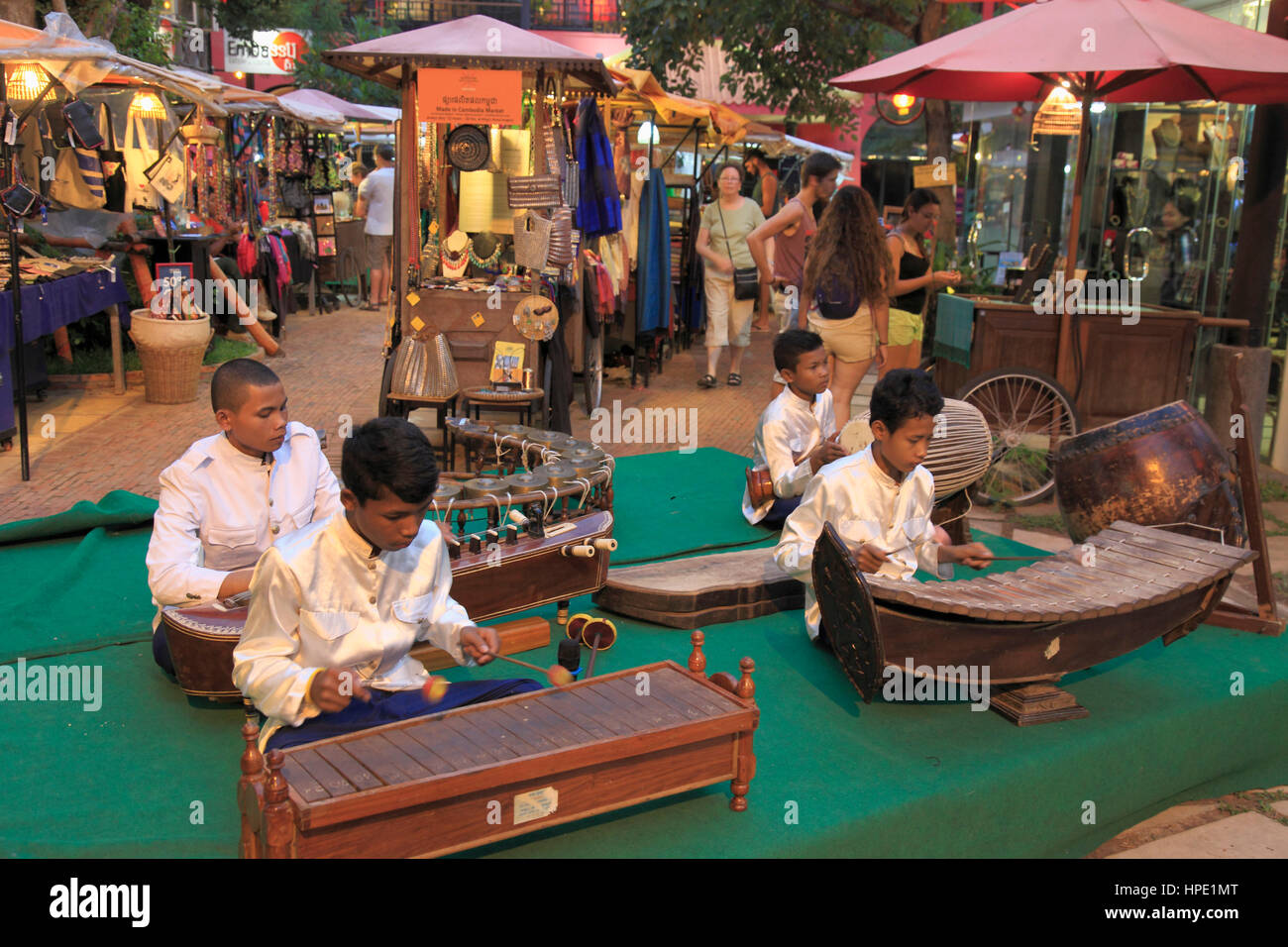 Cambodia, Siem Reap, shopping area, people, traditional musicians, Stock Photo