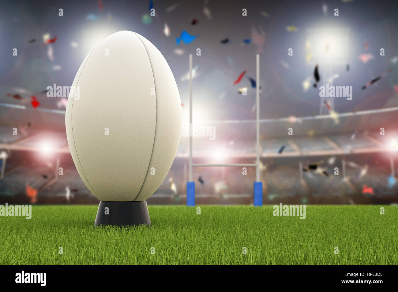 3d rendering rugby ball with rugby posts on field Stock Photo