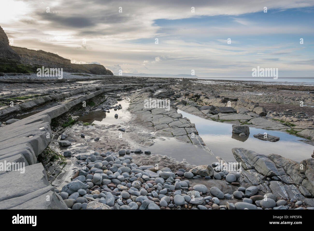 Kilve Beach, Somerset, UK. This is where the Quantocks meet the sea and there are some wonderful rock formations and fossils. Stock Photo