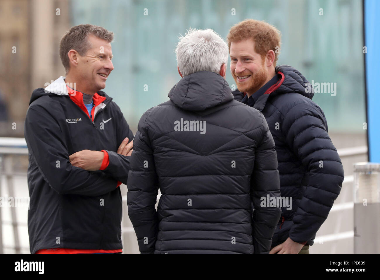 Prince Harry at the Quayside in Gateshead with Steve Cram and Jonathan Edwards as they train runners taking part in the London Marathon for mental health charity Heads Together. Stock Photo
