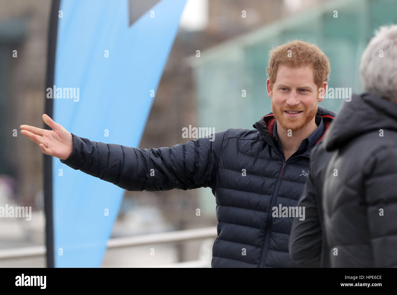 Prince Harry arriving at the Quayside in Gateshead where he will team up with Steve Cram and Jonathan Edwards as they train runners taking part in the London Marathon for mental health charity Heads Together. Stock Photo