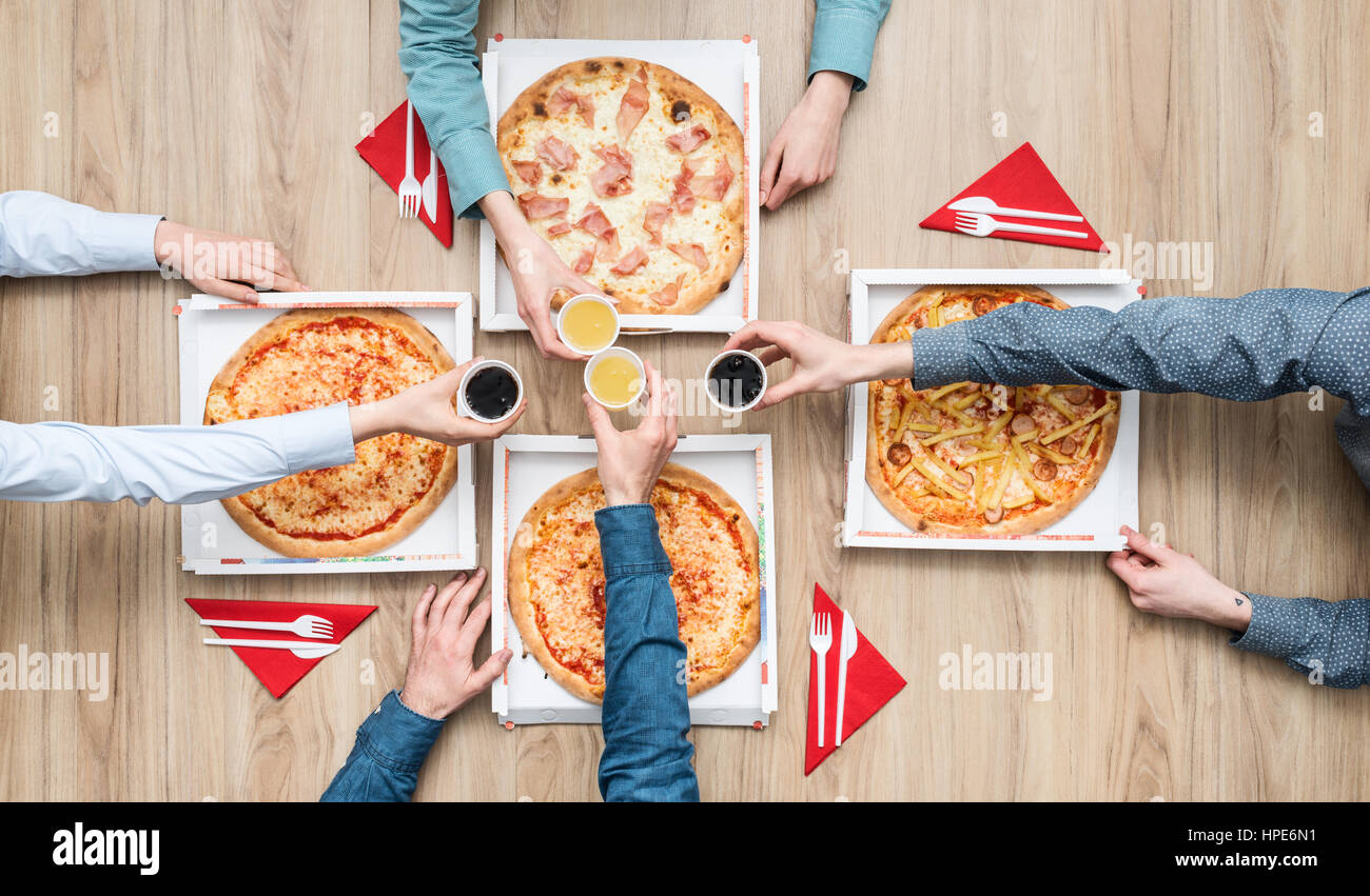 Friends Pizza Party Top View Stock Photo - Image of celebration, celebrate:  98060748