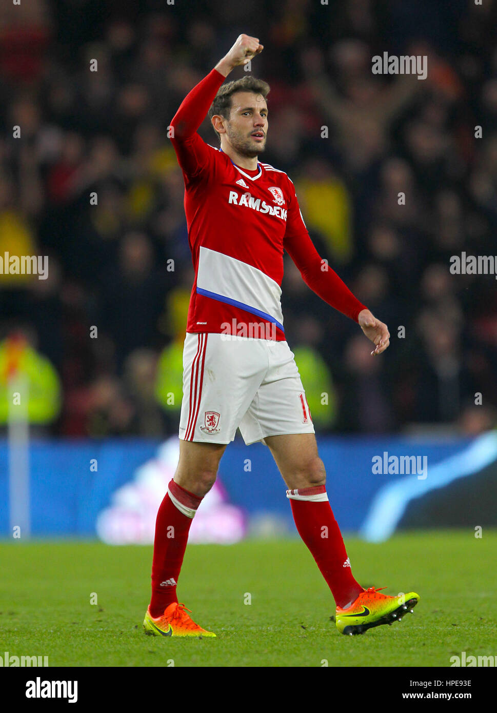 Middlesbrough's Cristhian Stuani salutes the fans after the final whistle Stock Photo