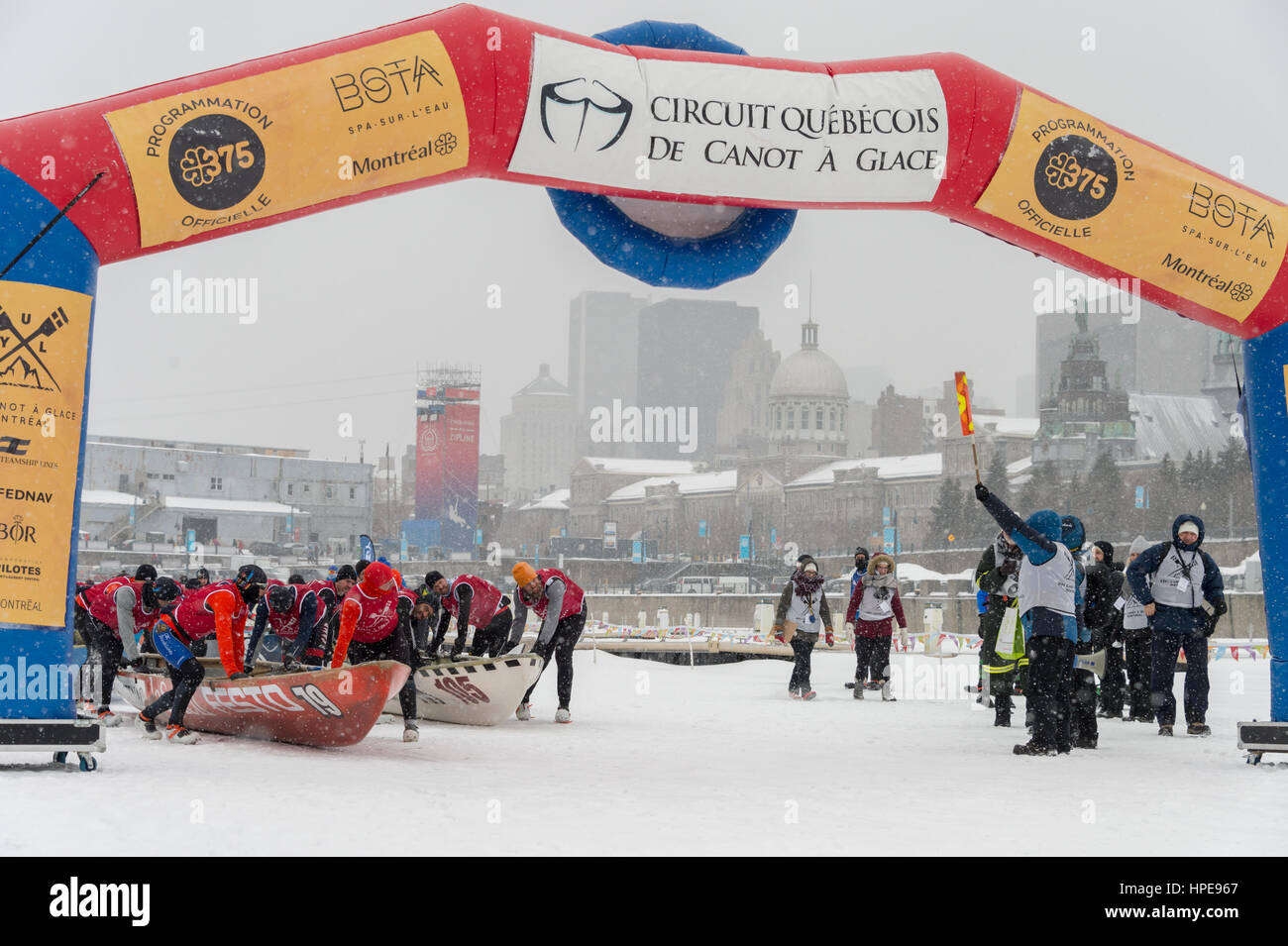 MONTREAL, CA - 12 February 2017: Montreal Ice Canoe Challenge on St-Lawrence River. Stock Photo