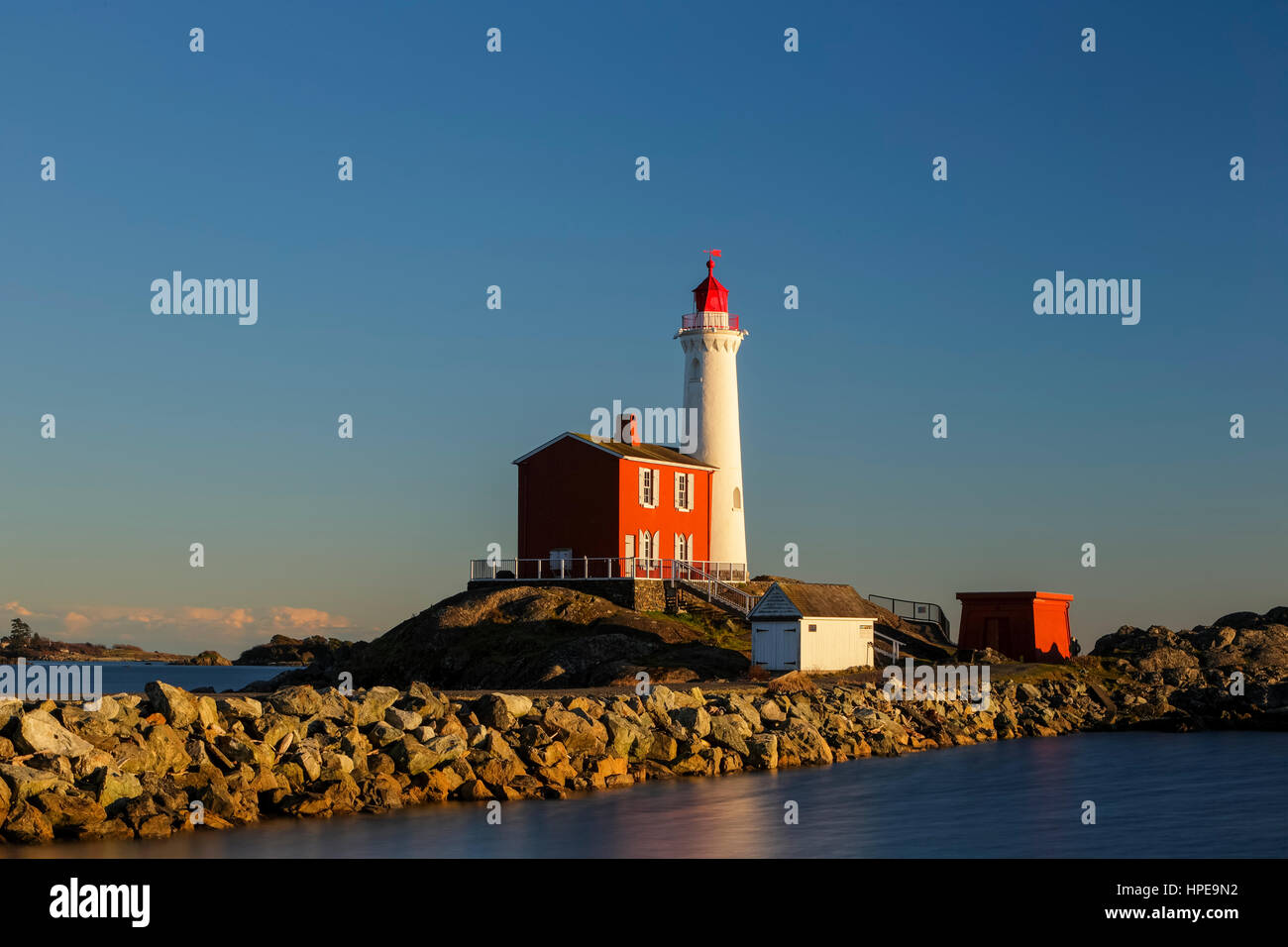 Historic Fisgard Lighthouse in late afternoon light-Fort Rodd Hill, Victoria, British Columbia, Canada. Stock Photo