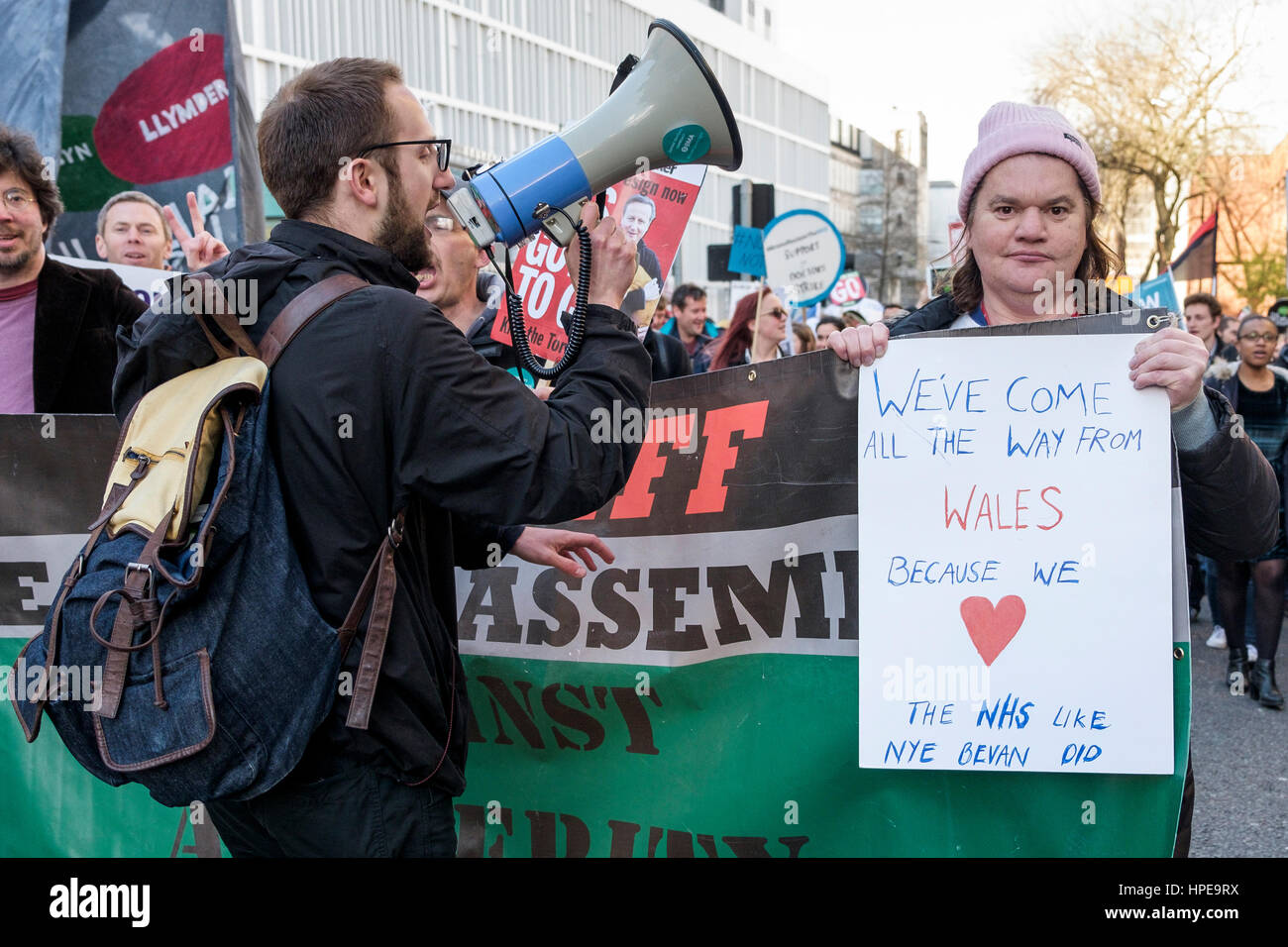 Protesters carrying placards and signs are pictured as they take part in a protest in Bristol in support of striking Junior Doctors and the NHS Stock Photo