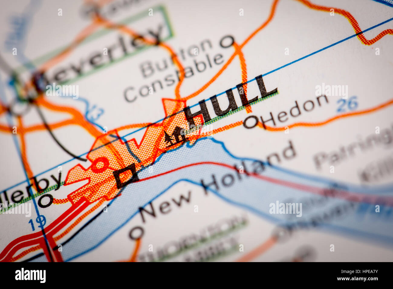 Map Photography: Hull City on a Road Map Stock Photo