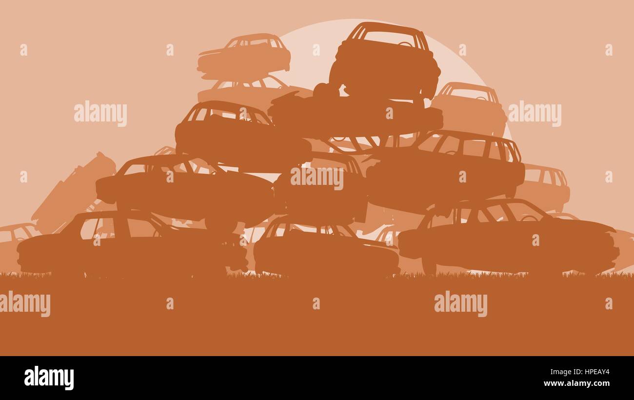 Cars in salvage junkyard in evening with sunset vector background Stock ...