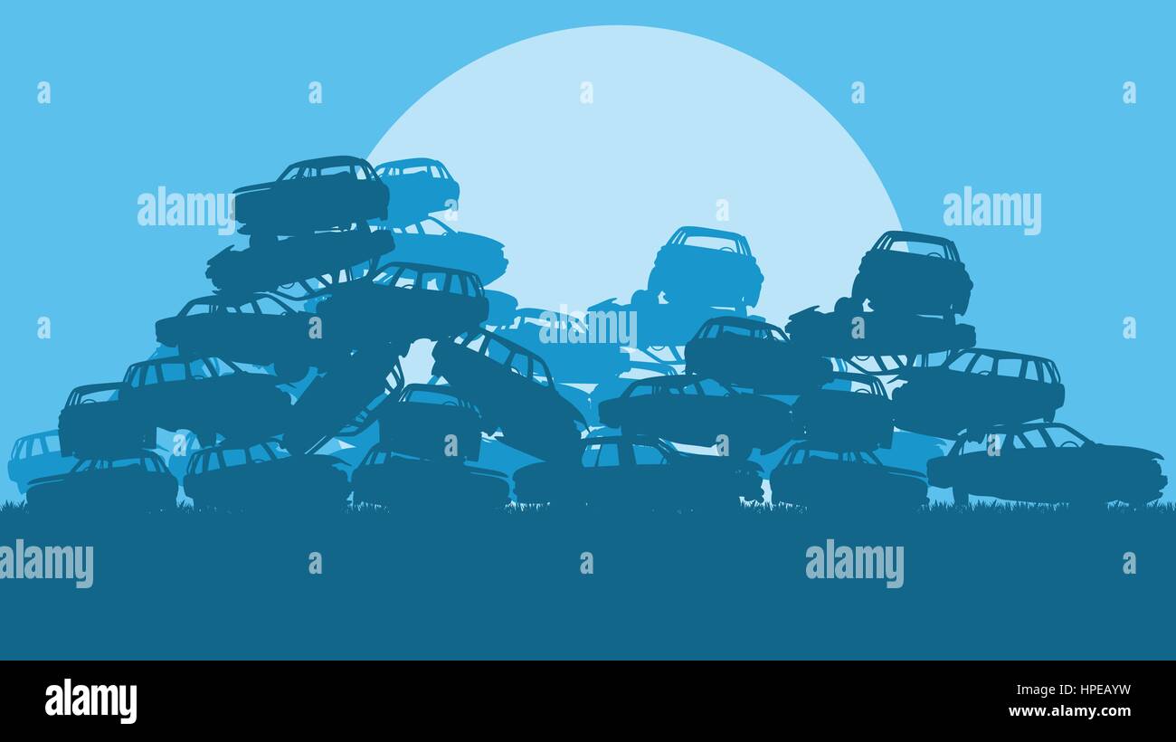 Cars in salvage junkyard in evening with sunset vector background Stock ...