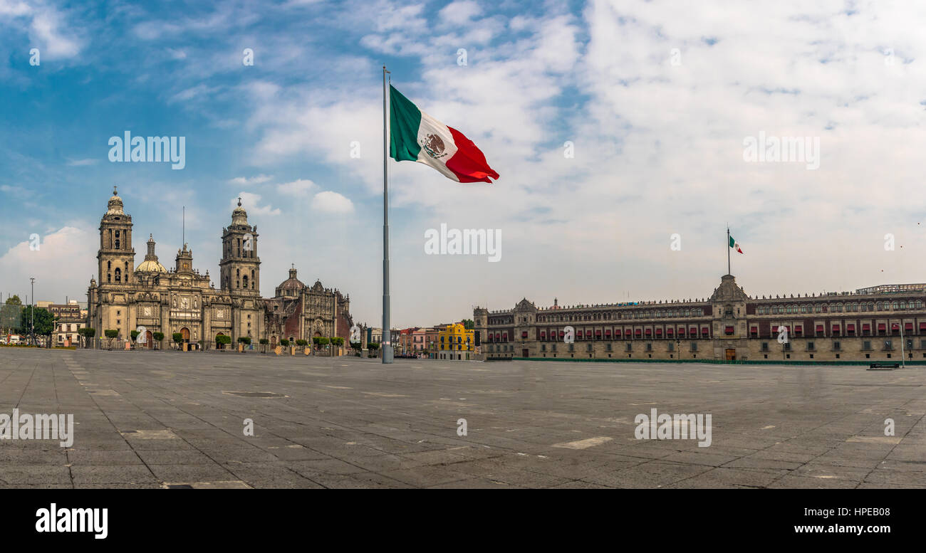 Panoramic view of Zocalo and Cathedral - Mexico City, Mexico Stock Photo