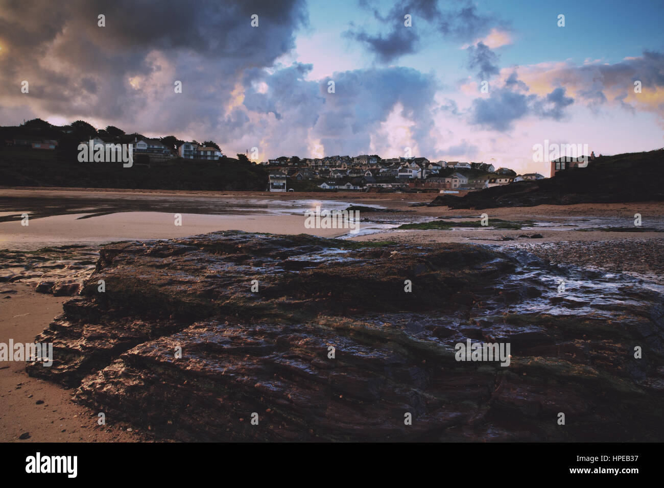 Early morning view of the beach at Polzeath, England Vintage Retro ...